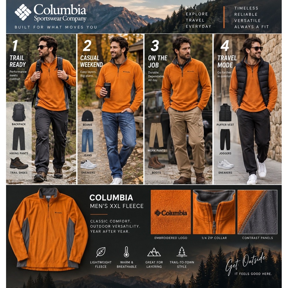 Columbia Mens XXL Orange Gray Colorblock Fleece 1/4 Zip Pullover XM6279 Hiking
